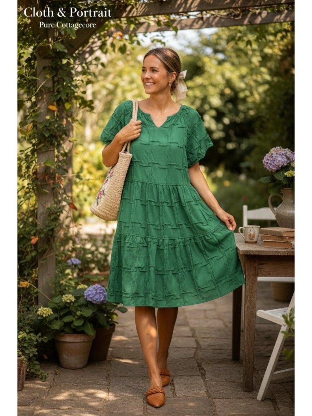 Green Textured Short Sleeve Tiered Dress Babydoll  Smock Silhouette Cottagecore